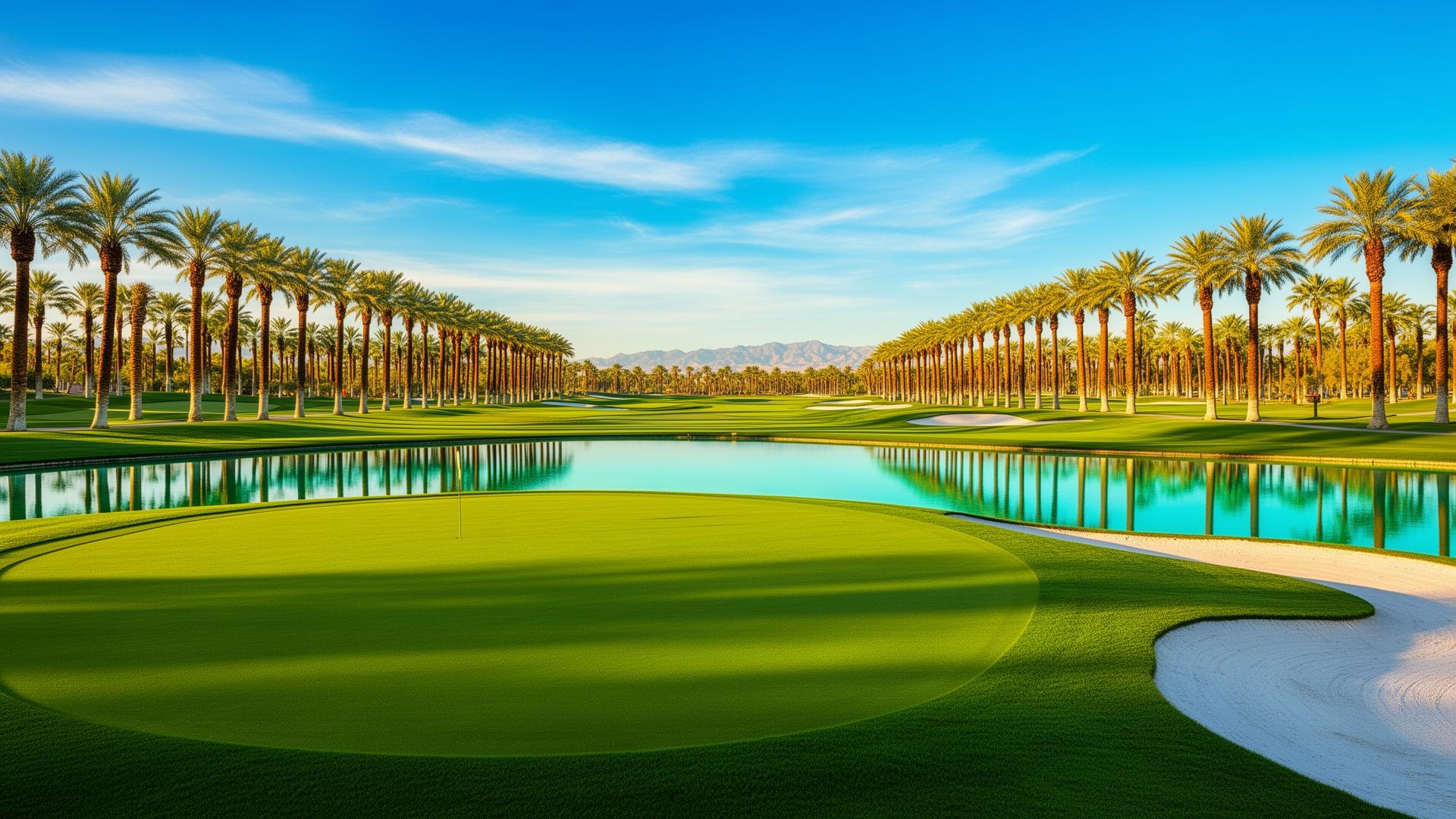 Coachella Valley golf course with palm trees and desert mountains