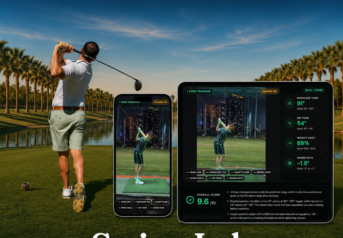 PGA Pro finishing his swing on a Coachella Valley golf course beside Swing Lab phone and tablet pose-tracking analysis screens